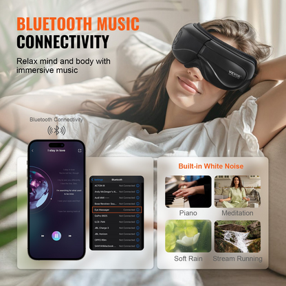 Start2Finish VEVOR heated eye massager with Bluetooth, foldable eye care mask, 5 modes for eye strain and dark circles, black color.