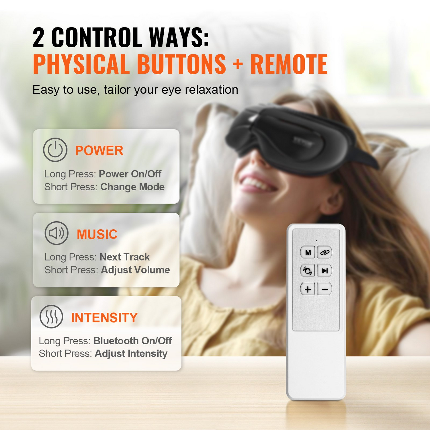 Start2Finish VEVOR eye massager with heat, remote, Bluetooth music, 180° foldable design for eye strain relief and dark circles.