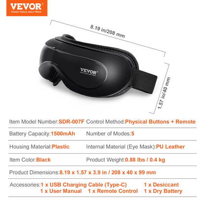 Start2Finish VEVOR Eye Massager with heat, Bluetooth music, 5 modes, foldable design, for eye strain, dark circles, and dry eyes.