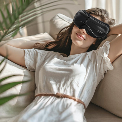 Start2Finish VEVOR eye massager with heat, remote, Bluetooth music, 5 modes, foldable design for eye strain and dark circles.