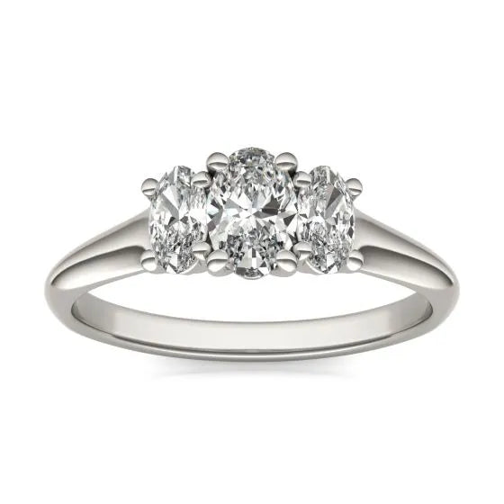 Oval lab-grown diamond three-stone engagement ring in 14K white gold with G-VS clarity, featuring a sleek, elegant design.