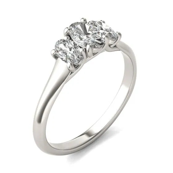 Oval lab-grown diamond three-stone engagement ring in 14K white gold with G-VS clarity, featuring a central and side diamonds.