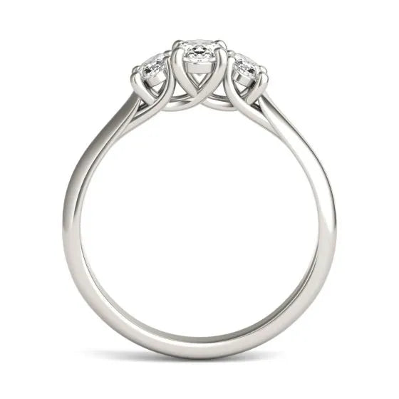 Oval lab-grown diamond three-stone engagement ring in 14K white gold, featuring G-VS clarity, by Start2Finish.