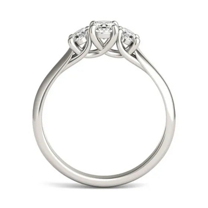 Oval lab-grown diamond three-stone engagement ring in 14K white gold, featuring G-VS clarity, by Start2Finish.