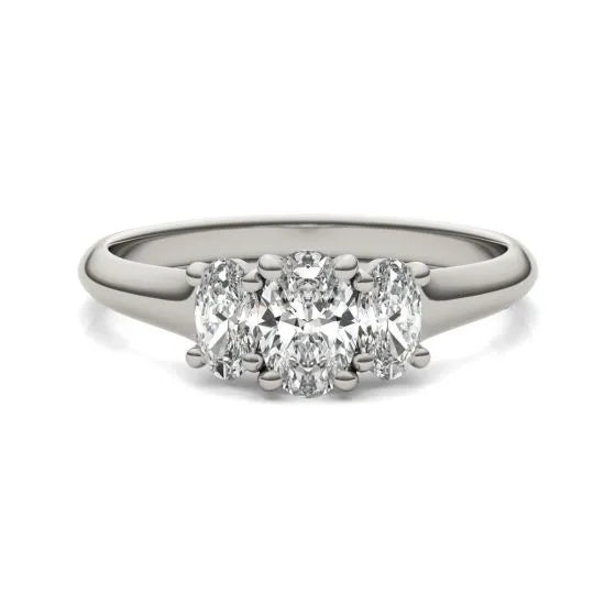 Oval lab-grown diamond three-stone engagement ring in 14K white gold with G-VS clarity, featuring a 1-carat total weight.