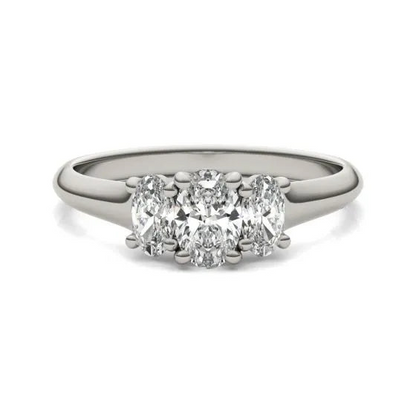 Oval lab-grown diamond three-stone engagement ring in 14K white gold with G-VS clarity, featuring a 1-carat total weight.