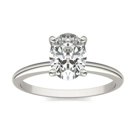 Oval lab-grown diamond solitaire engagement ring in 14K white gold with 1.5 carats total weight, featuring a classic design.