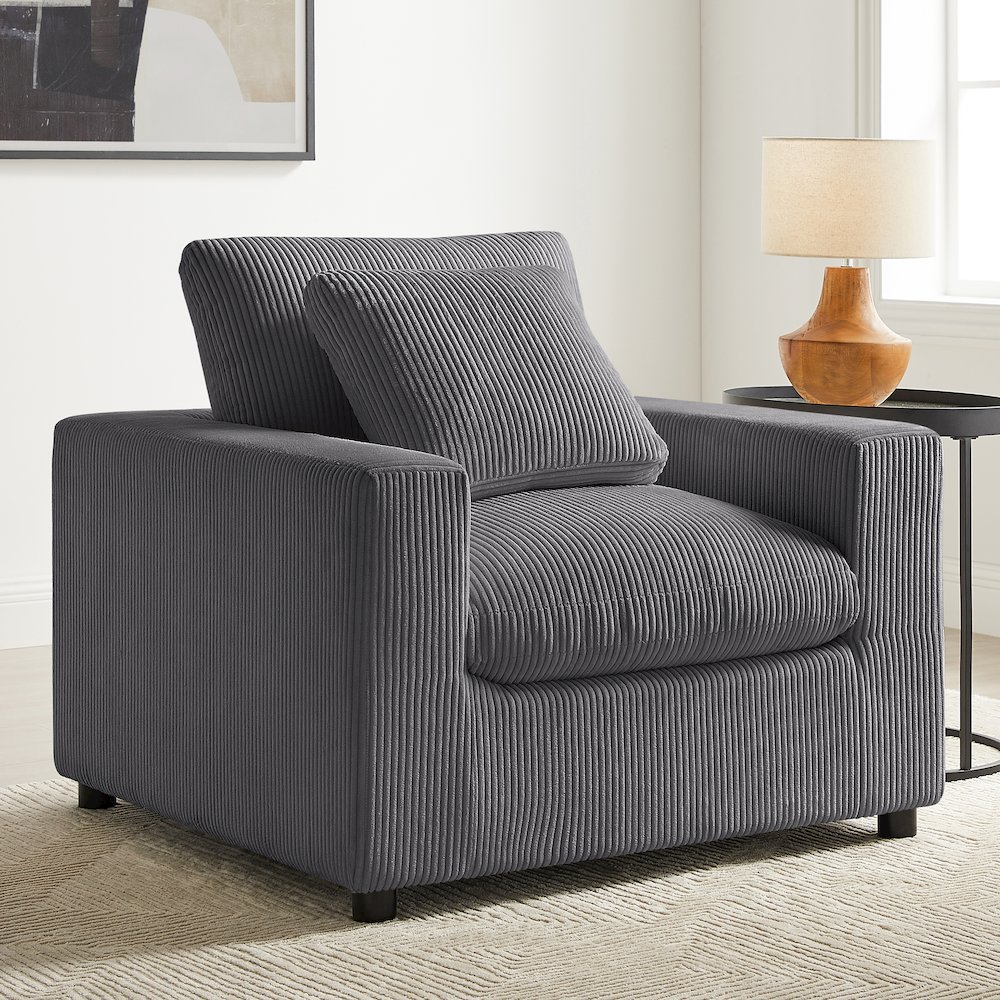 Casella modern armchair in charcoal corduroy fabric, featuring a sleek design with cushioned seat and backrest for comfortable seating.