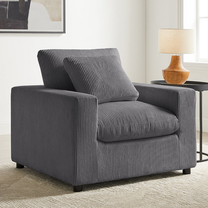 Casella modern armchair in charcoal corduroy fabric, featuring a sleek design with cushioned seat and backrest for comfortable seating.