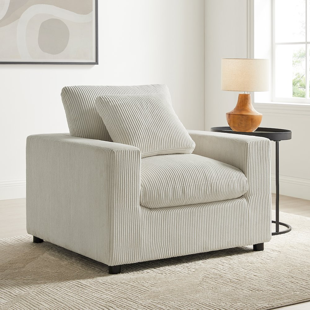 Casella Modern Armchair by Start2Finish in beige corduroy with plush cushioning and sleek armrests, stylish furniture for living room.