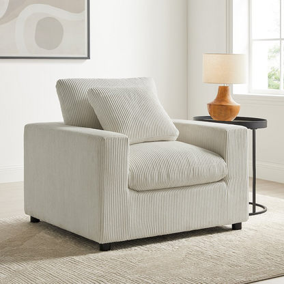 Casella Modern Armchair by Start2Finish in beige corduroy with plush cushioning and sleek armrests, stylish furniture for living room.