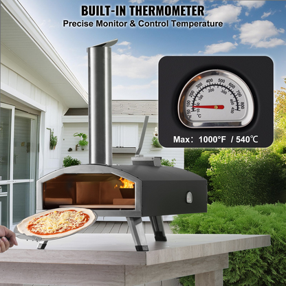 Start2Finish VEVOR 12-inch portable outdoor pizza oven with pizza stone, waterproof cover, shovel, and tri-fuel capabilities for camping and backyard.