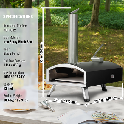 Start2Finish VEVOR 12-inch portable outdoor pizza oven with pizza stone, waterproof cover, shovel, tri-fuel, ideal for camping and backyard.