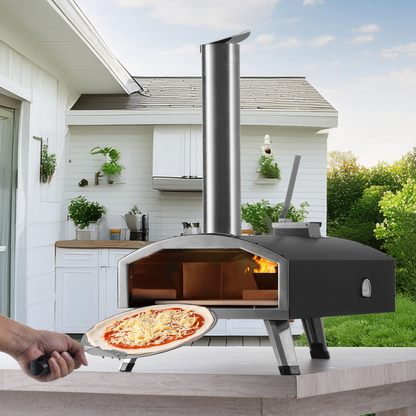 Start2Finish VEVOR portable outdoor pizza oven with pizza stone, shovel, waterproof cover, and black iron spray finish for camping or backyard.