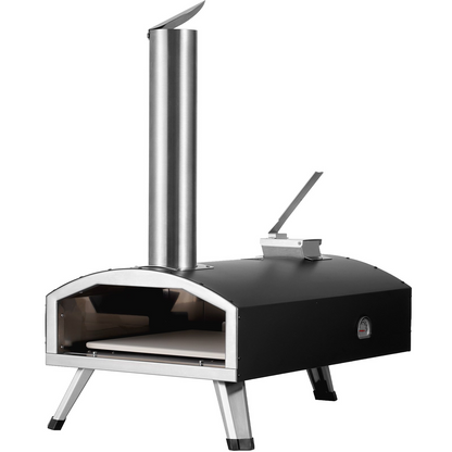 Start2Finish VEVOR 12-inch portable outdoor pizza oven with pellet, chips, charcoal fuel, pizza stone, cover, and shovel.