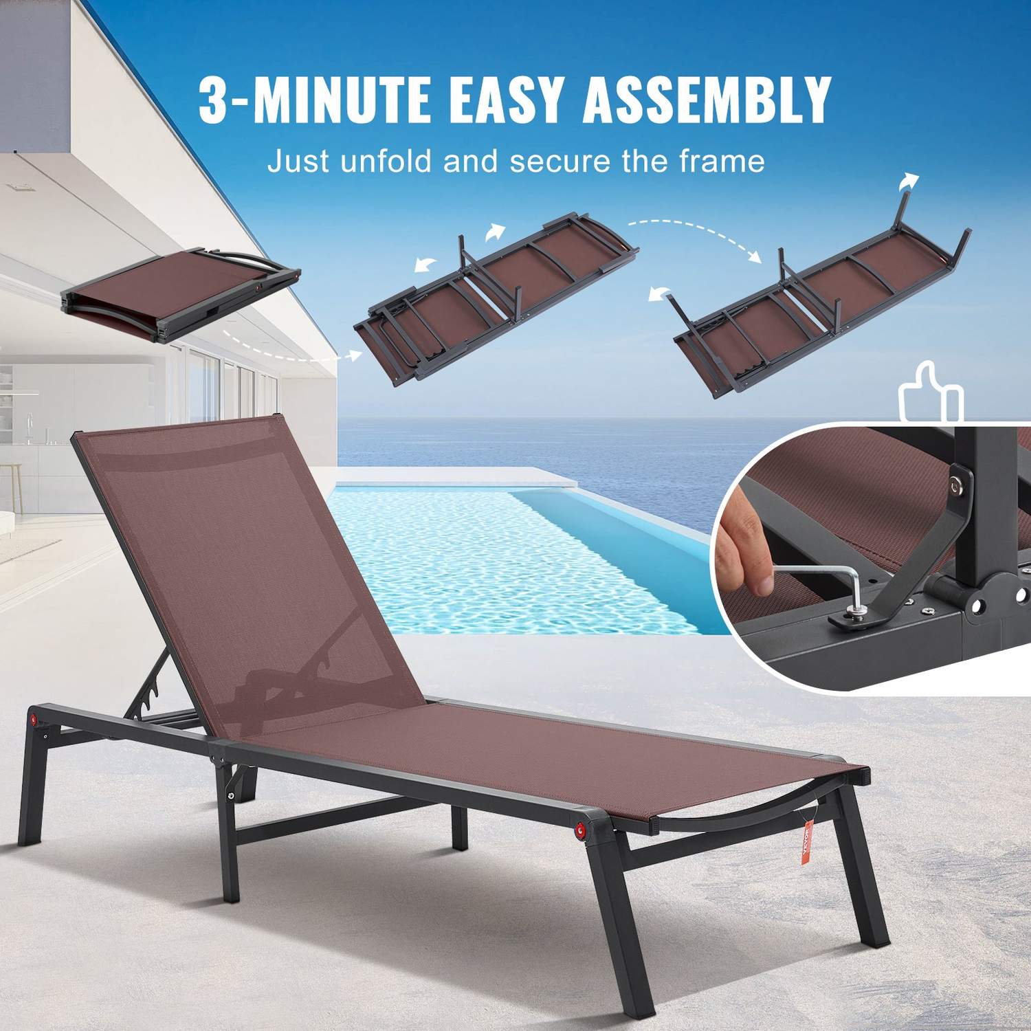 Start2Finish VEVOR outdoor chaise lounge chair with brown aluminum frame, adjustable 5-position recliner, foldable for patio or poolside.