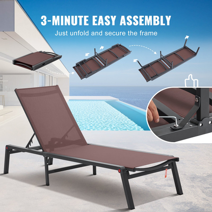 Start2Finish VEVOR outdoor chaise lounge chair with brown aluminum frame, adjustable 5-position recliner, foldable for patio or poolside.