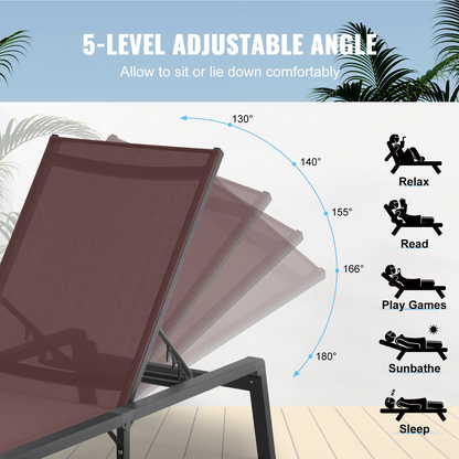Start2Finish VEVOR outdoor chaise lounge chair with adjustable backrest, brown aluminum patio recliner for pool, patio, or beach.