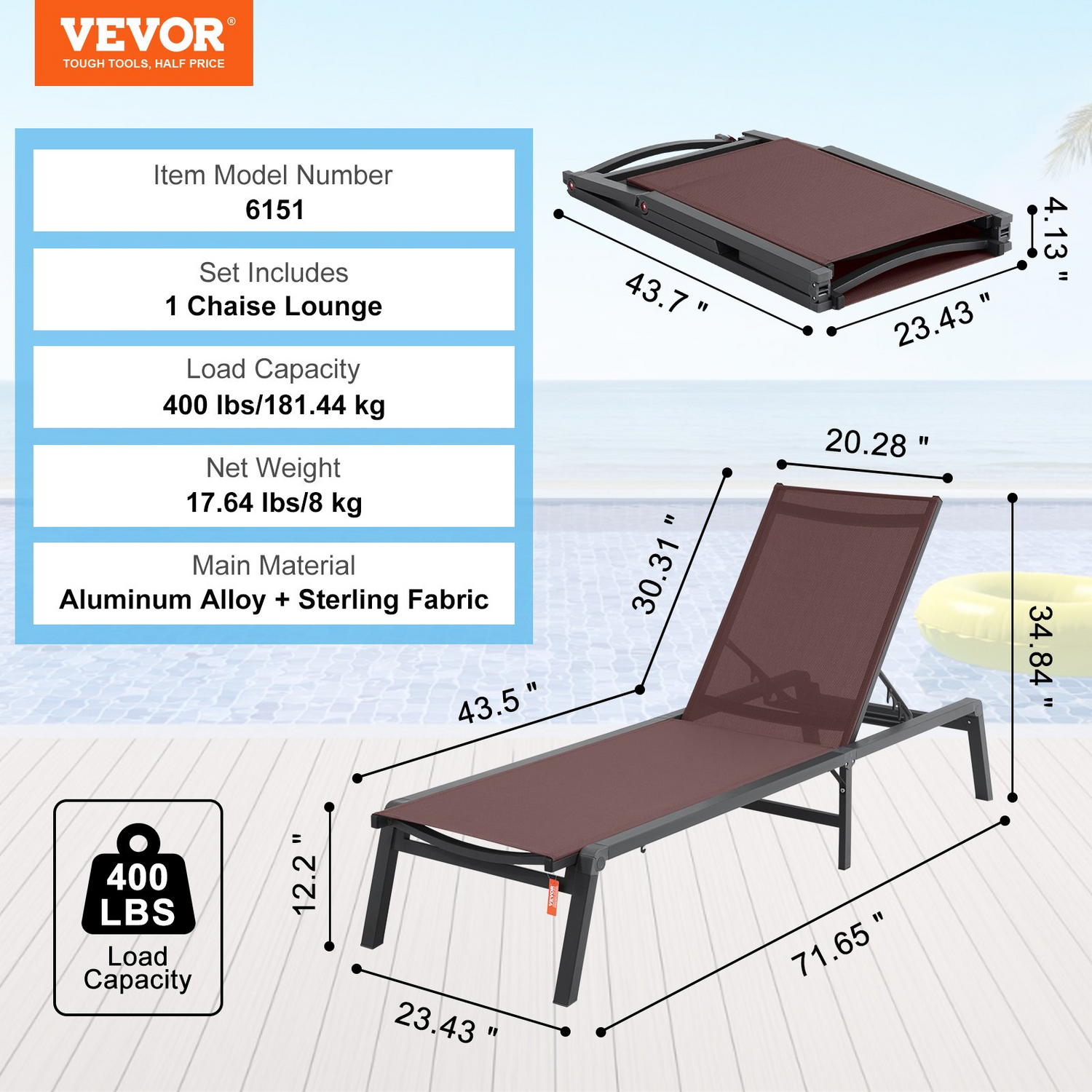 Start2Finish VEVOR outdoor chaise lounge chair with adjustable positions, aluminum frame, brown folding pool recliner for patio or beach.