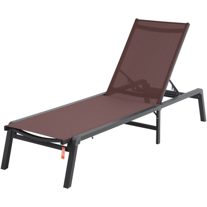 Start2Finish VEVOR outdoor chaise lounge chair with brown aluminum frame, adjustable 5-position recliner for patio, pool, or beach.