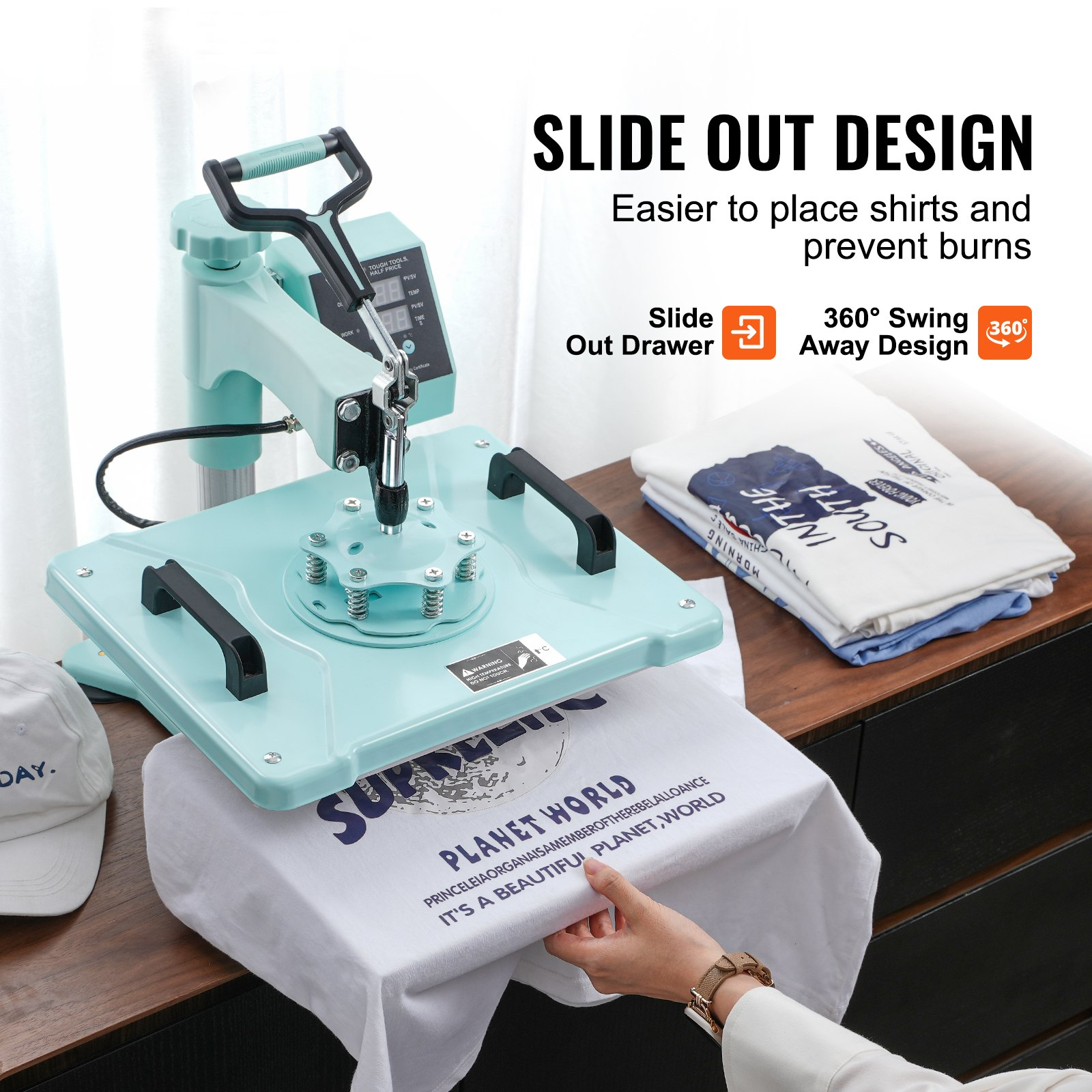 Start2Finish VEVOR 12x15 inch 2-in-1 heat press machine with hat press, digital control, swing-away design, for T-shirts and caps.