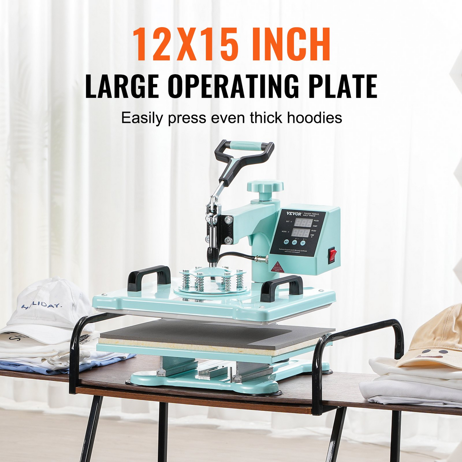 Start2Finish VEVOR 12x15 inch 2-in-1 heat press machine with hat press, digital control, swing away design, green T-shirt and hat press