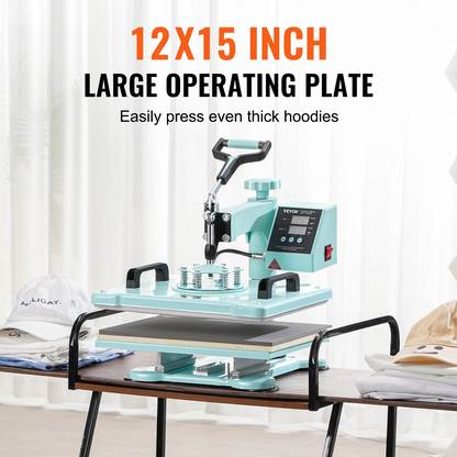 Start2Finish VEVOR 12x15 inch 2-in-1 heat press machine with hat press, digital control, swing away design, green T-shirt and hat press