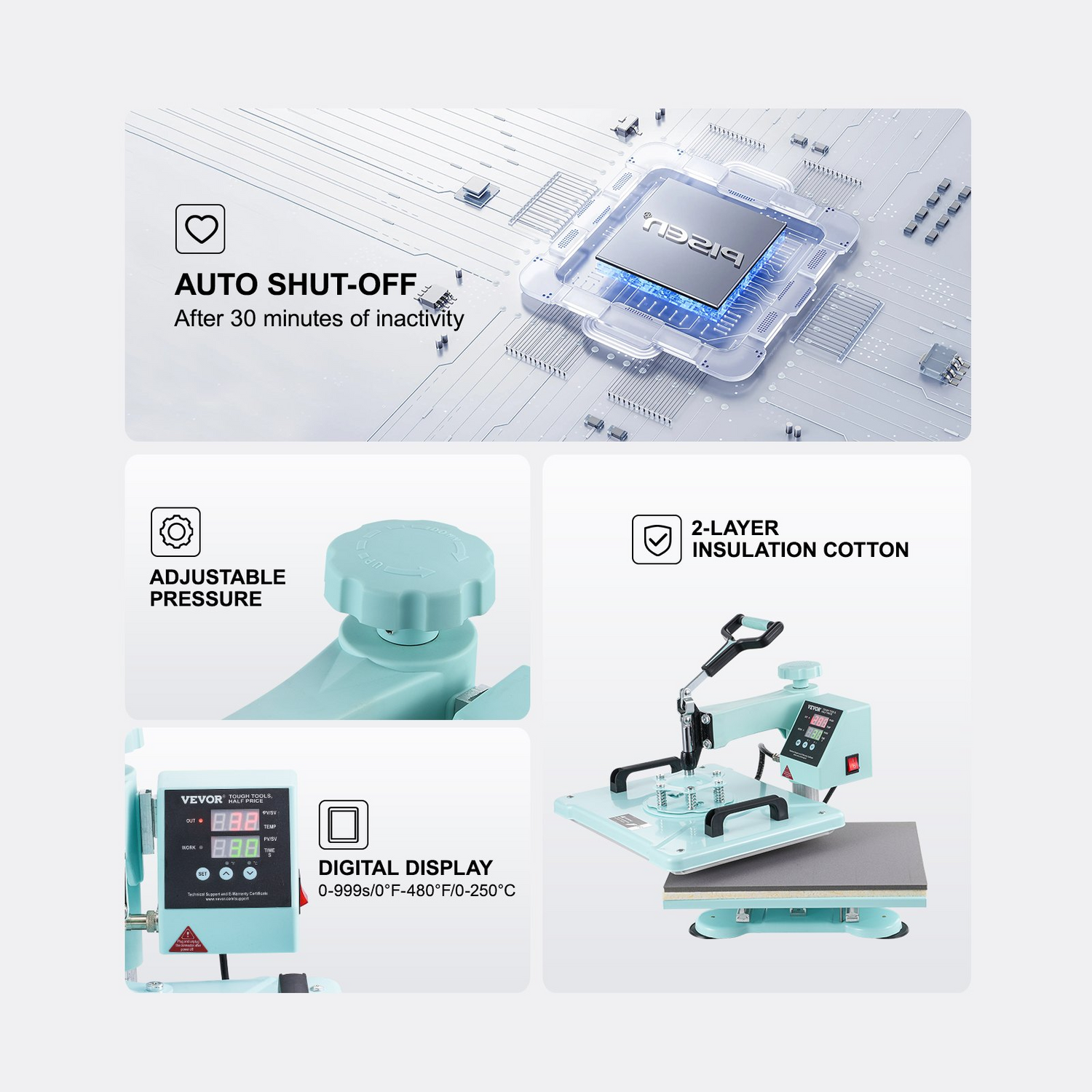 Start2Finish VEVOR 12x15 inch heat press machine with hat press, digital control, swing away design, green for T-shirts and hats