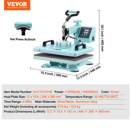 Start2Finish VEVOR 12x15 inch 2-in-1 heat press machine with hat press, digital control, swing-away design for T-shirts and caps.