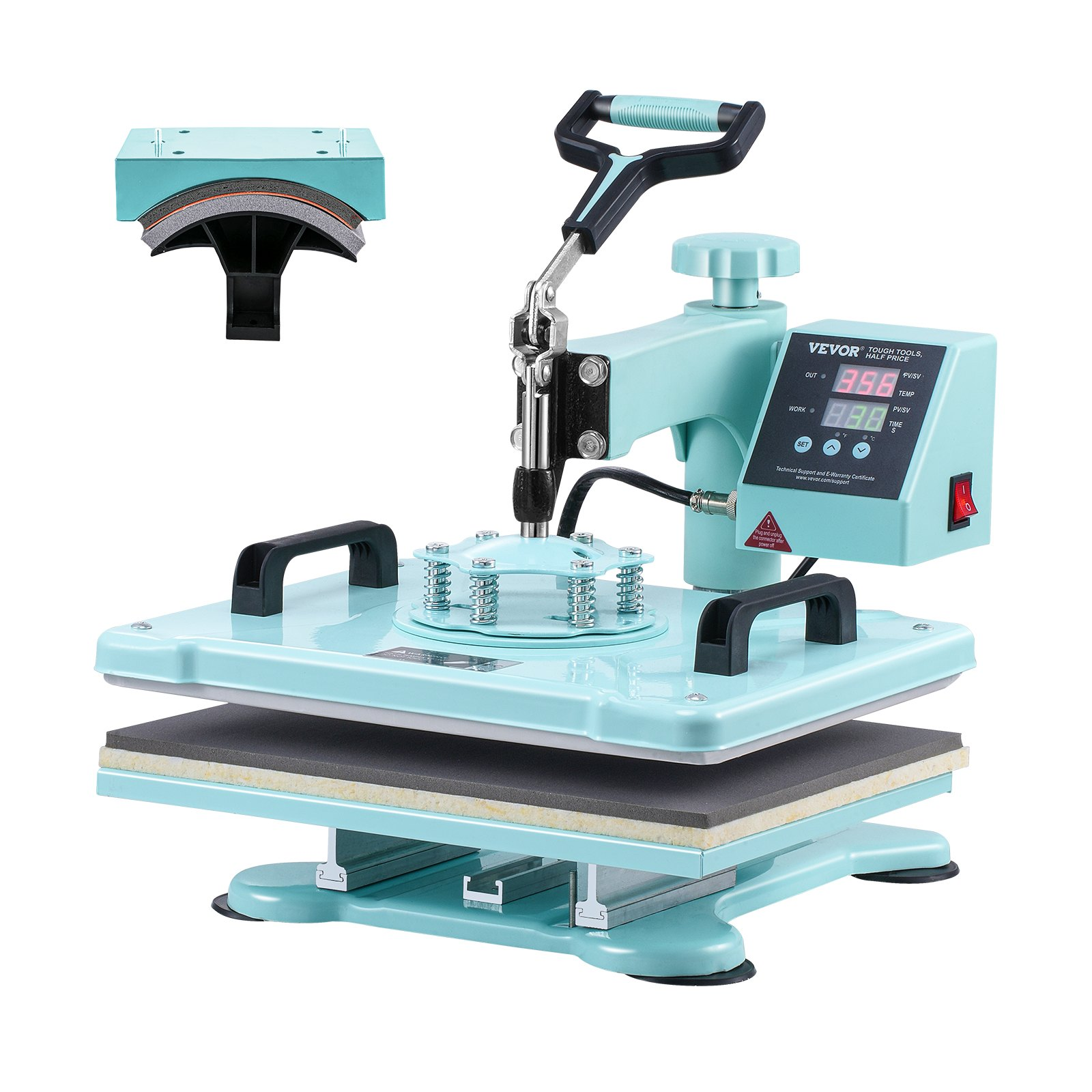 Start2Finish VEVOR 12x15 inch heat press machine with hat press, digital control, swing away design for T-shirts and hats.