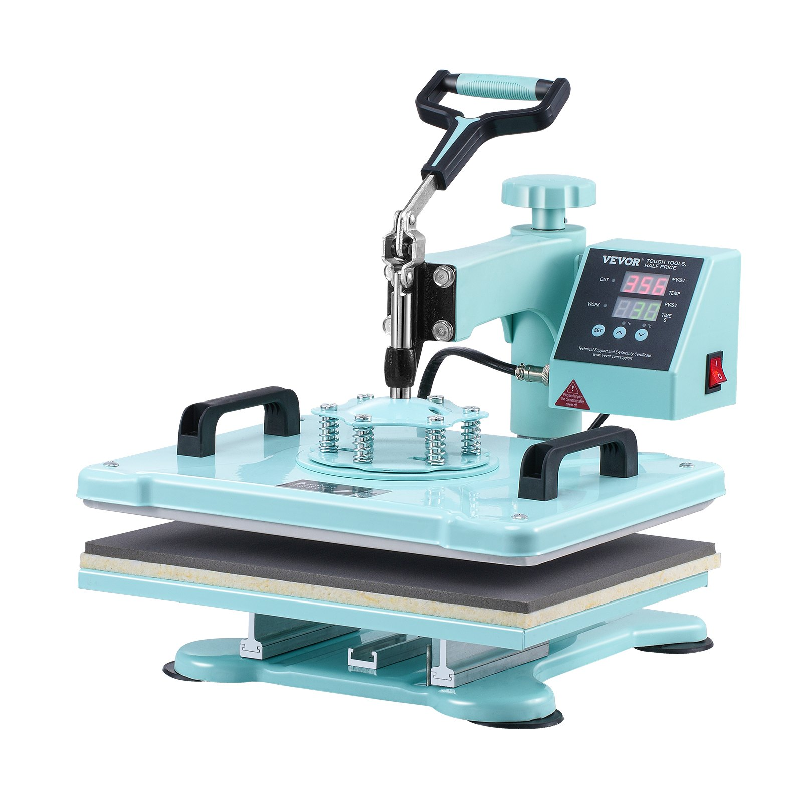 Start2Finish VEVOR 12x15 inch heat press machine with hat press, digital control, swing away design for T-shirts and caps, green.