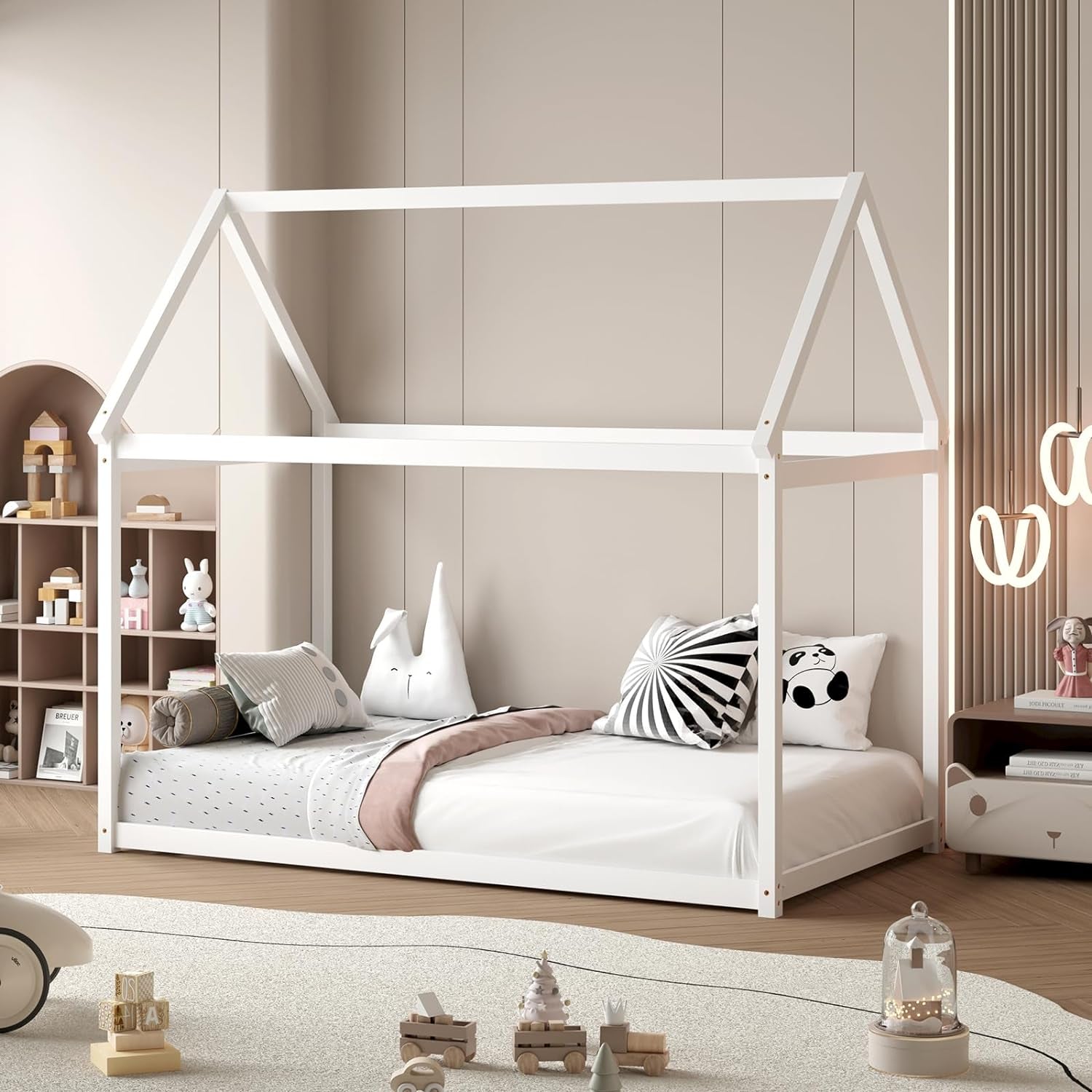 Peach Maple twin house bed frame with roof canopy, Montessori-style kids furniture featuring a cozy, playful design.