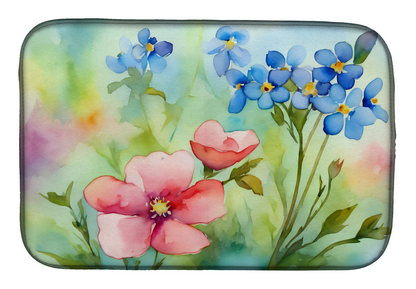 Start2Finish Alaska Forget-me-nots watercolor dish drying mat with floral design for home use, absorbent and decorative kitchen accessory.