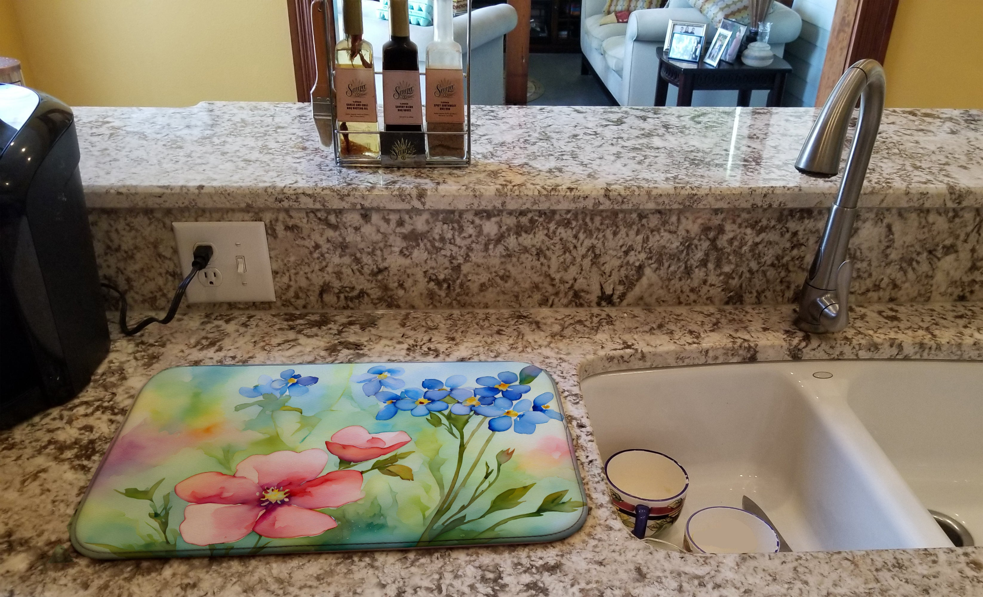 Start2Finish Alaska Forget-me-nots watercolor dish drying mat with floral design on soft fabric, ideal for kitchen use.