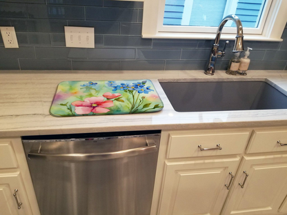 Start2Finish Alaska Forget-me-nots watercolor dish drying mat with vibrant floral design and absorbent fabric for kitchen use.