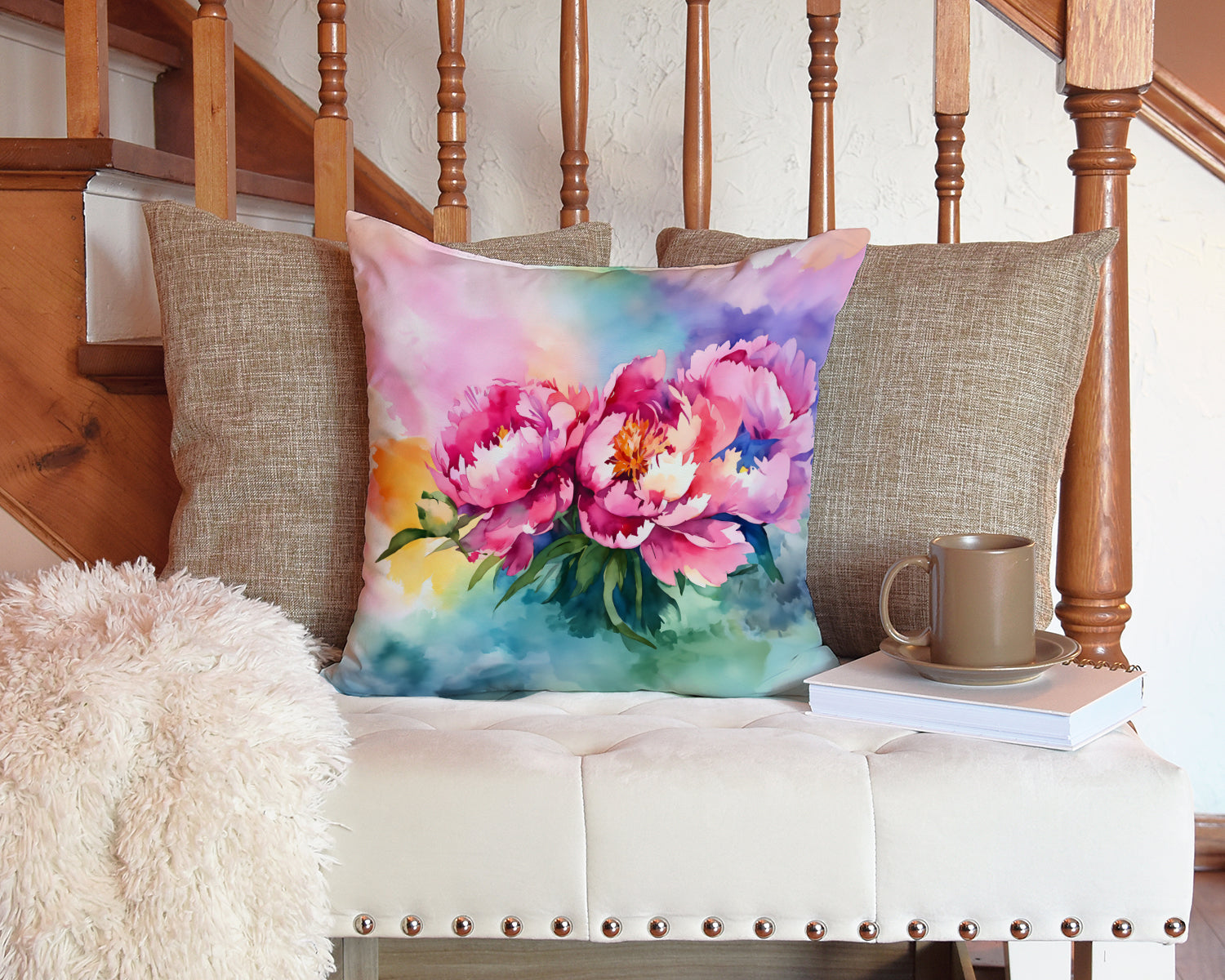 Watercolor peonies on a decorative throw pillow, featuring vibrant floral artwork for home decor from Start2Finish.