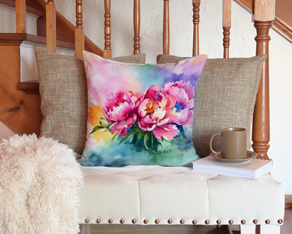 Watercolor peonies on a decorative throw pillow, featuring vibrant floral artwork for home decor from Start2Finish.
