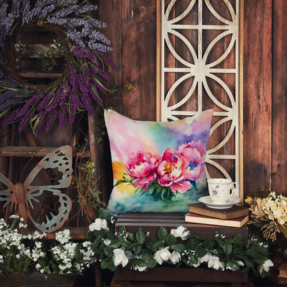 Watercolor throw pillow featuring blooming peonies in soft pastel shades, perfect for home decor by Start2Finish.