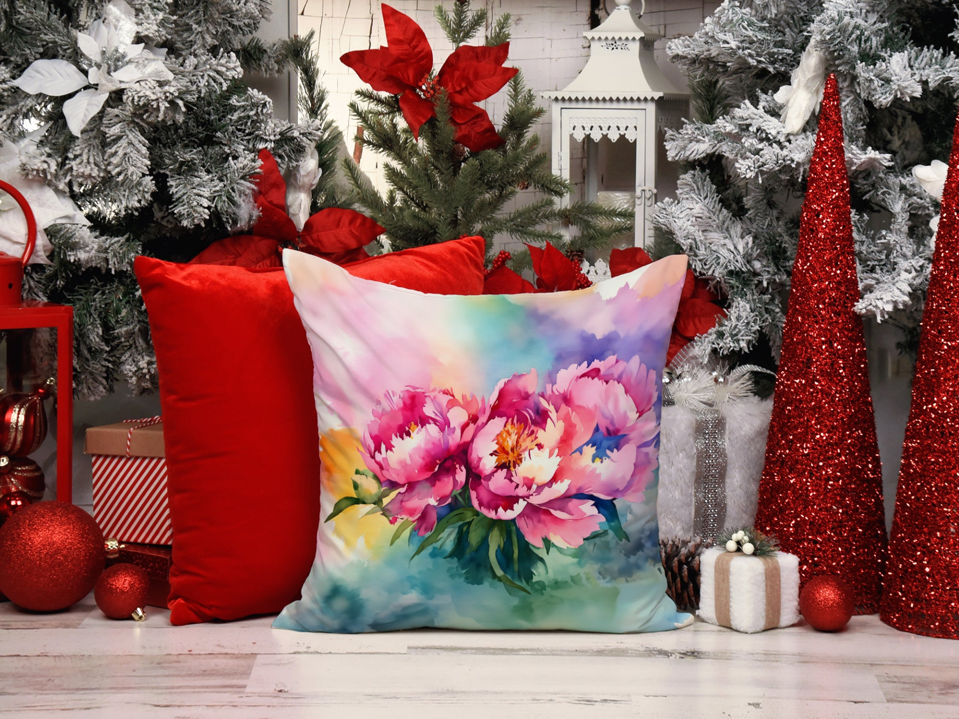 Watercolor peonies design on Start2Finish home throw pillow featuring vibrant pink and green floral artwork.