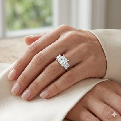 Start2Finish AGI Certified 4.00 CTW princess cut lab grown diamond three-stone ring in 14K white gold with F/VS clarity.