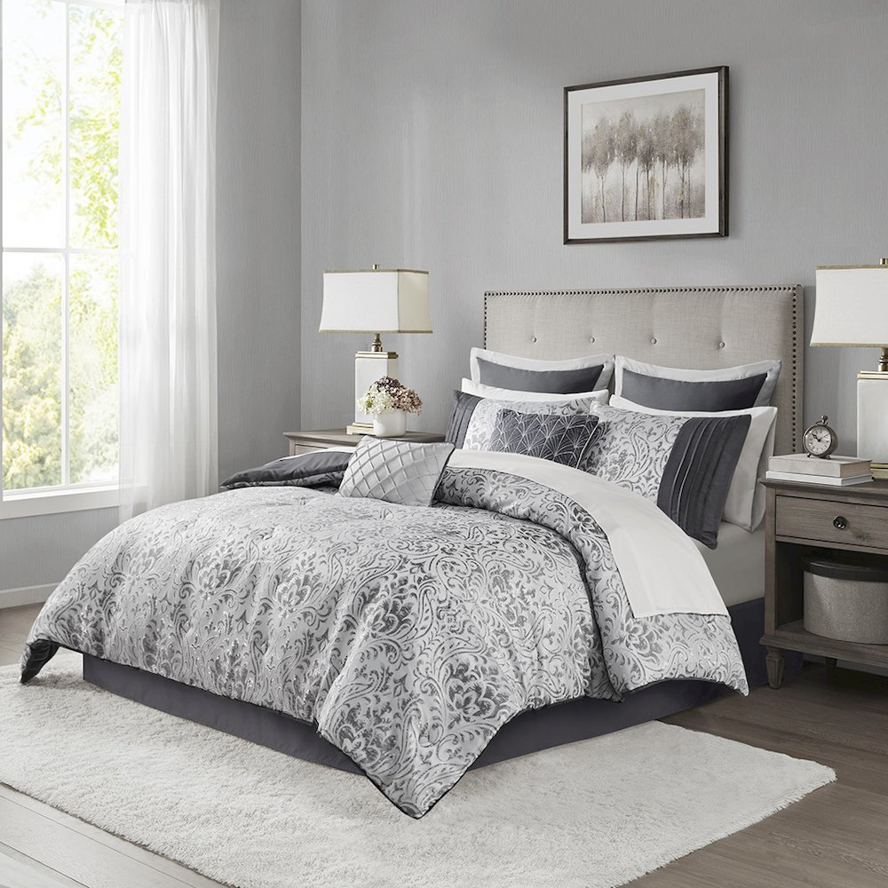 Start2Finish 12-piece Jacquard comforter set with matching bed sheets, featuring intricate woven patterns in a cozy bedroom display.