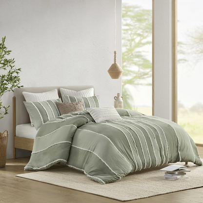Shay 3-piece striped cotton duvet cover set in sage with matching pillow shams, featuring a soft, breathable fabric from Start2Finish.