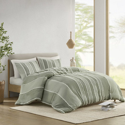 Start2Finish Shay 3-piece striped cotton duvet cover set in sage color, featuring soft, breathable fabric and modern design.