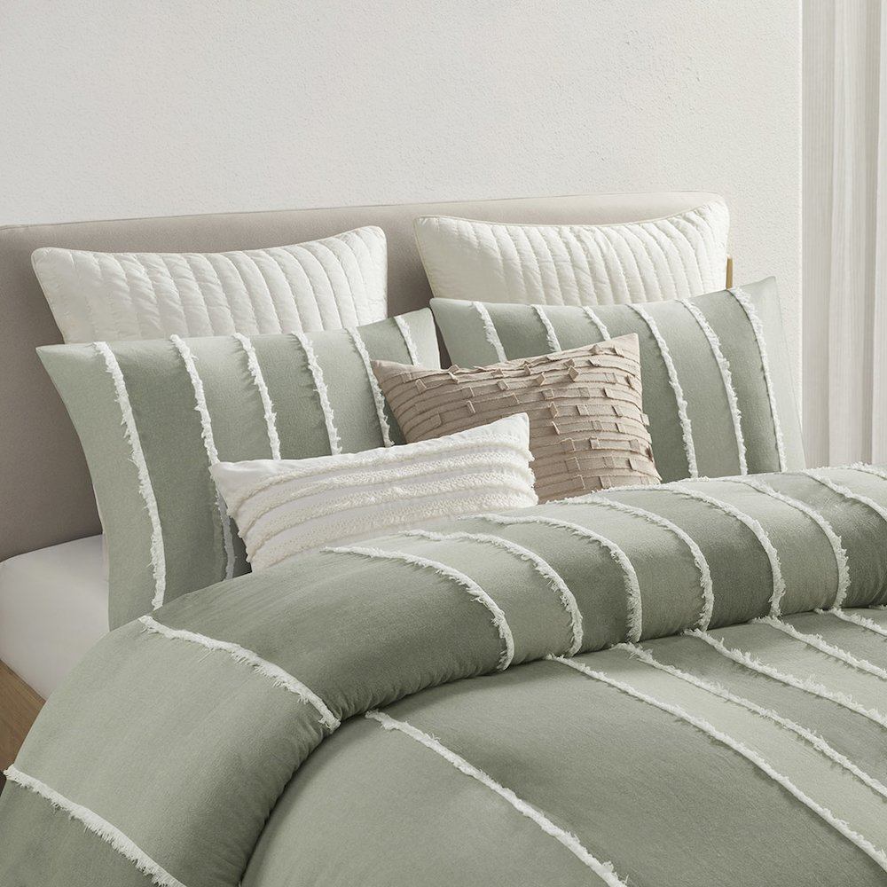 Start2Finish Shay 3-piece striped cotton duvet cover set in sage, showing the soft, breathable fabric and stylish design.