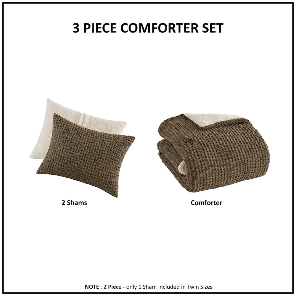 Start2Finish Riordan waffle knit chenille comforter set in brown, featuring a cozy, textured design for a soft bedroom look.