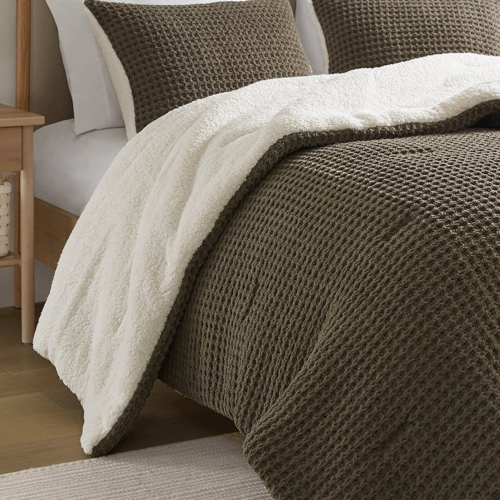 Start2Finish Riordan waffle knit chenille comforter set in brown with textured bedding and matching pillow shams.