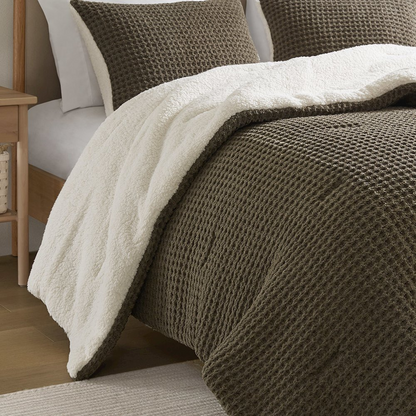 Start2Finish Riordan waffle knit chenille comforter set in brown with textured bedding and matching pillow shams.