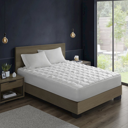 Start2Finish Dream Puff overfilled down alternative mattress pad in white, showcasing soft, plush bedding for extra comfort.