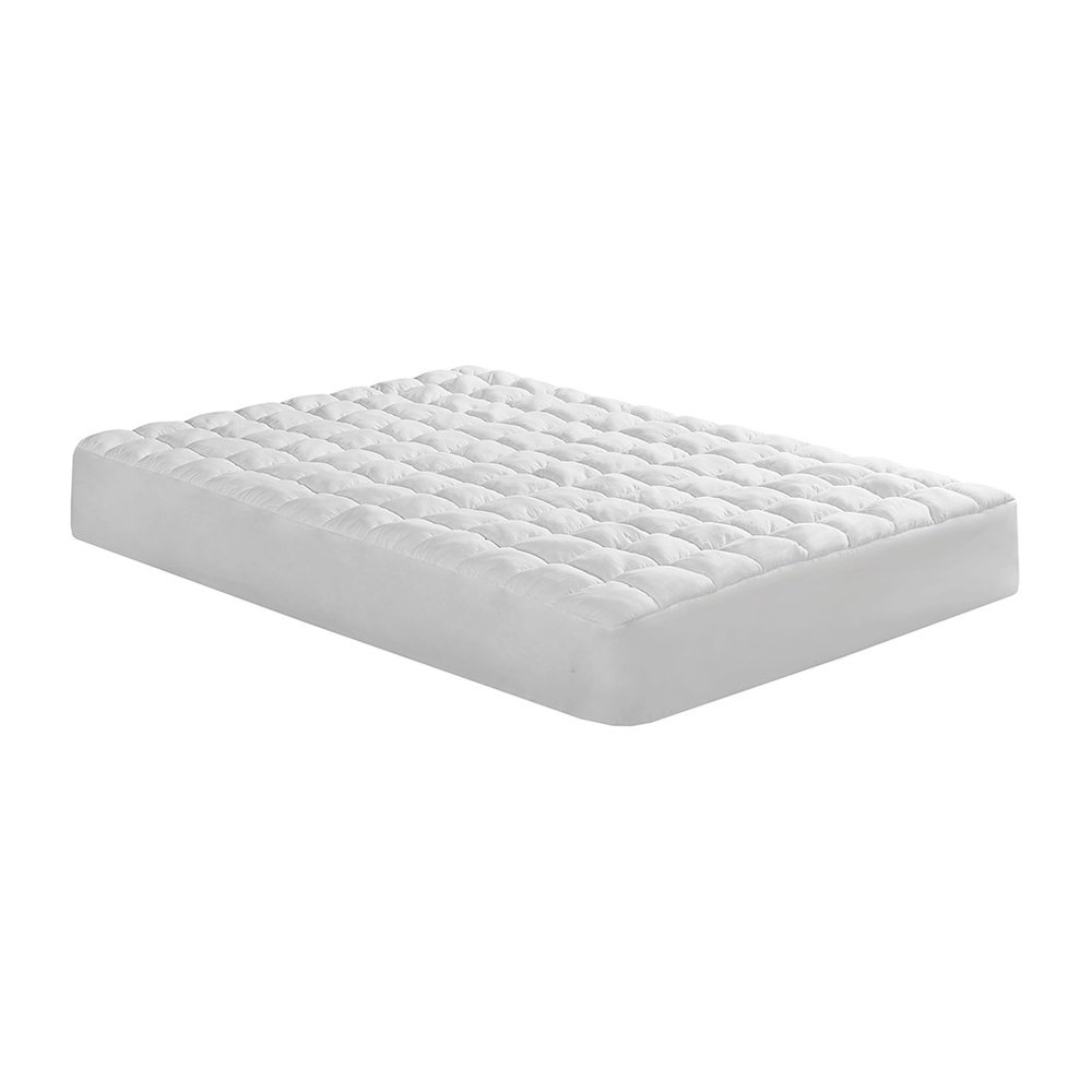Start2Finish Dream Puff overfilled down alternative mattress pad in white, showing soft, plush surface with quilted stitching.