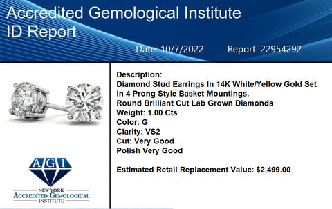 Start2Finish AGI certified lab-grown diamond stud earrings in 14K white or yellow gold, featuring G-VS 1 or 2 carat weight.